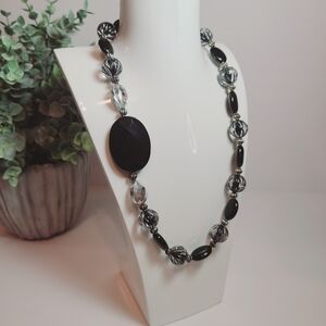 Black & Clear Beaded Statement Necklace with Large Faceted Pendant – 20"